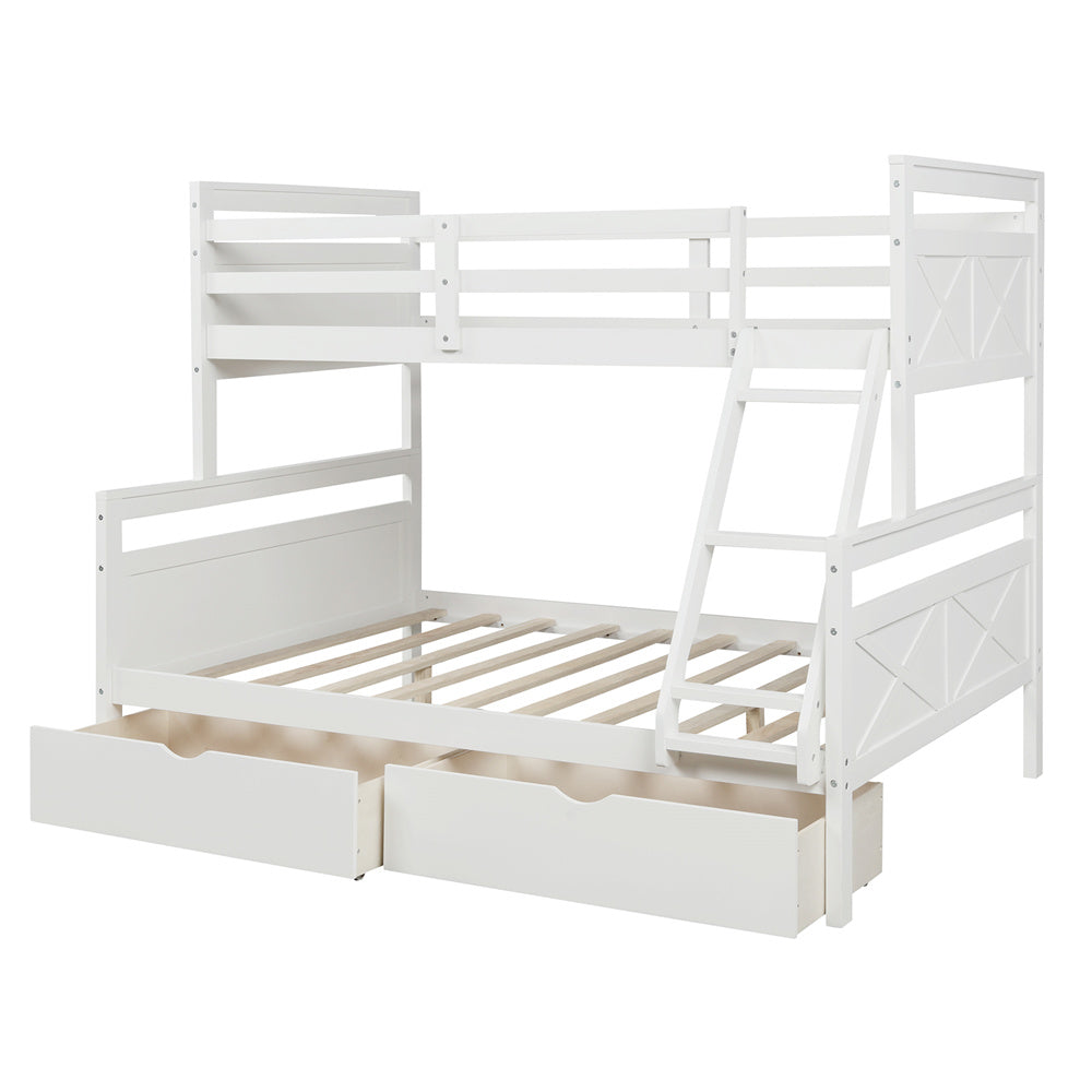 Twin Over Full Bunk Bed with Two Storage Drawers, Pine Wood Bed Frame and Guardrails and Ladder for Kids and Teens Trundle, White