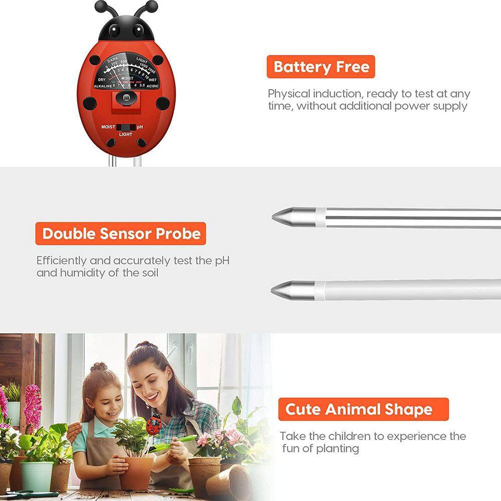 3-in-1 Soil Tester Kit with Plant Moisture Light and pH Tester (No Batteries Required) Colorful Ladybug Shape B08ZCQPBF2