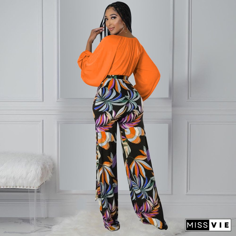 Deep V Long Sleeve Shirt Wide Leg Pants Two Piece Set