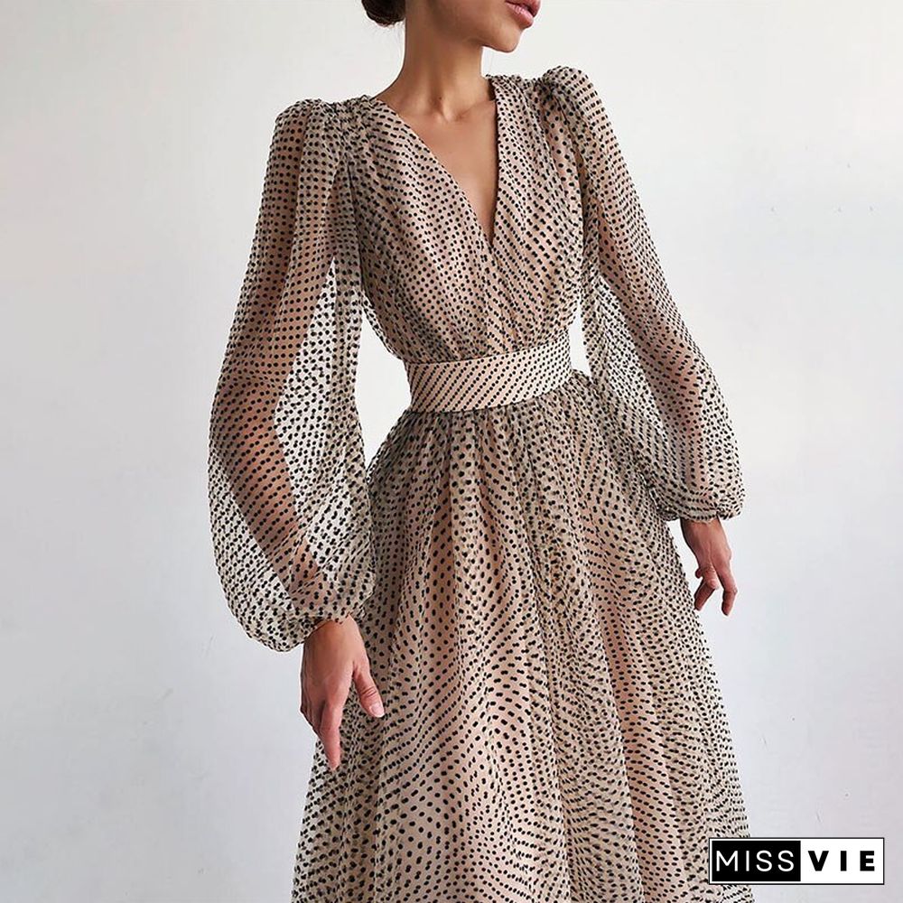 Vintage Dot Printing Women Spring Chiffon Dress Summer Fashion Casual Dress Boho Beach Women A-line Vestidos