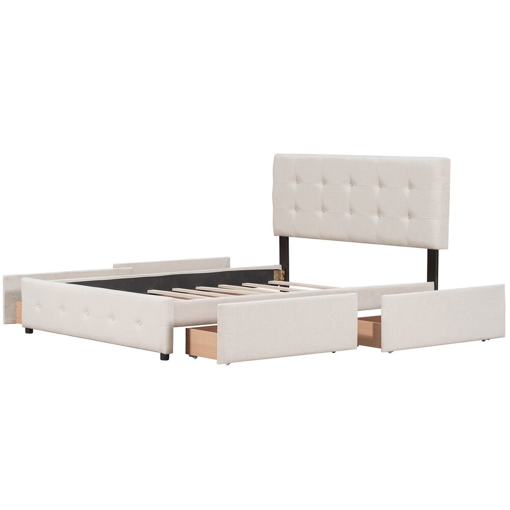 Upholstered Platform Bed with Classic Headboard and 4 Drawers  No Box Spring Needed  Linen Fabric  Queen Size  Light Beige