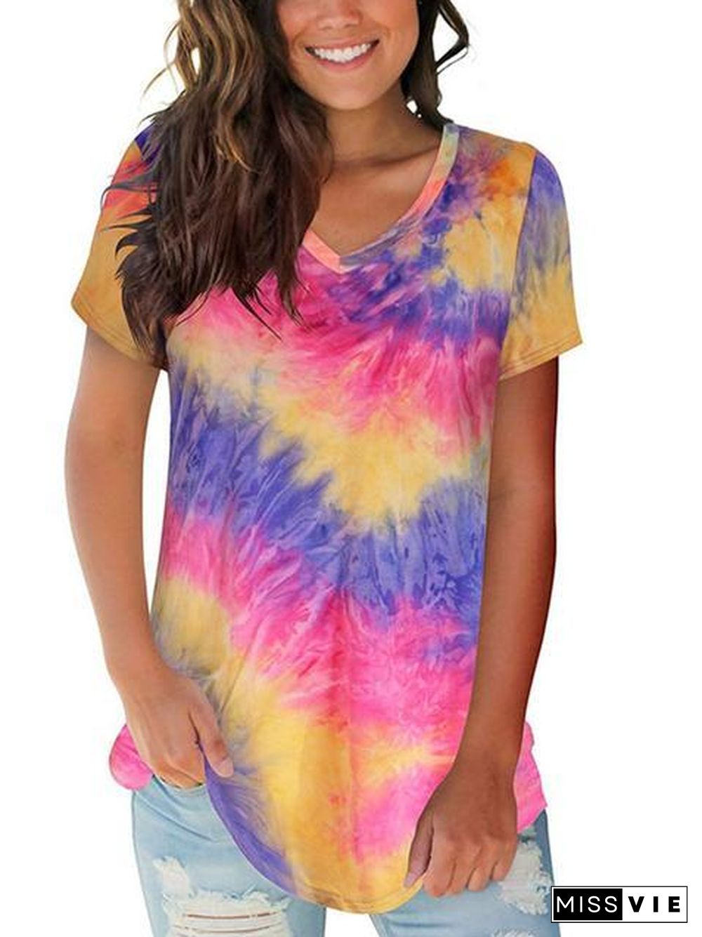 Tie-Dye Print V-Neck Loose T-Shirt