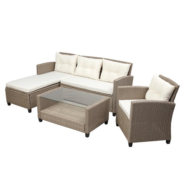 4Piece Classic Conversation Set，Wicker Rattan Patio Sofa with Cushions