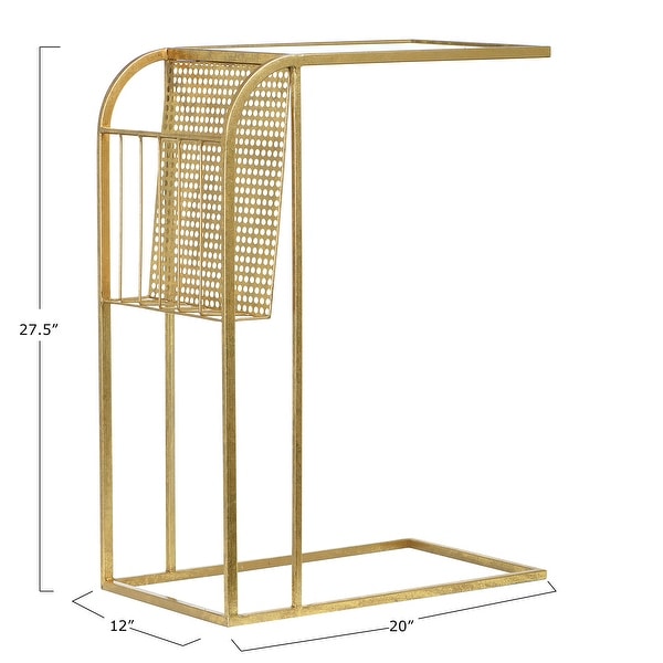 Metal Side Table with Magazine Rack and Glass Top， Gold