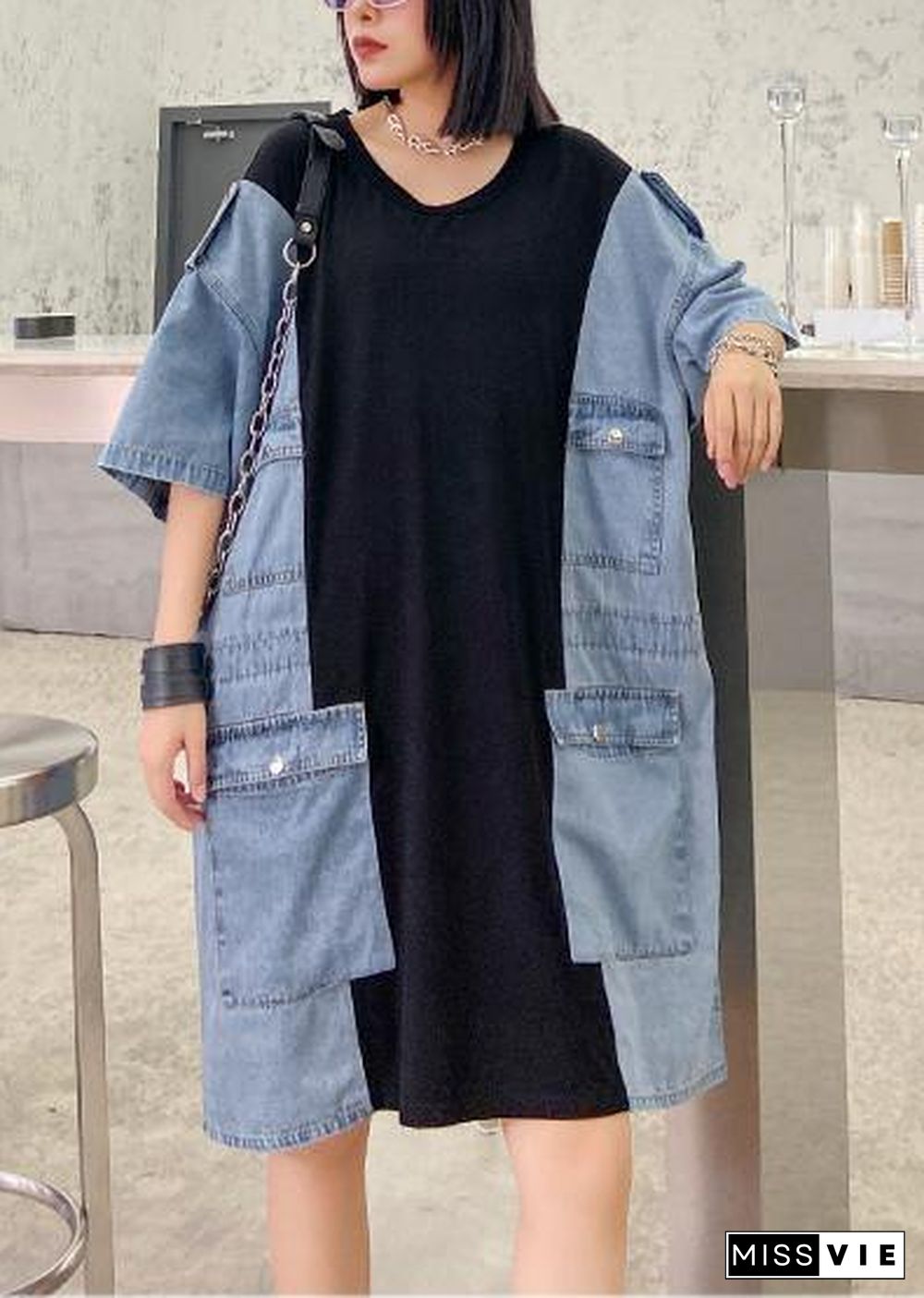 DIY o neck summer tunics for women black patchwork denim blue Dresses