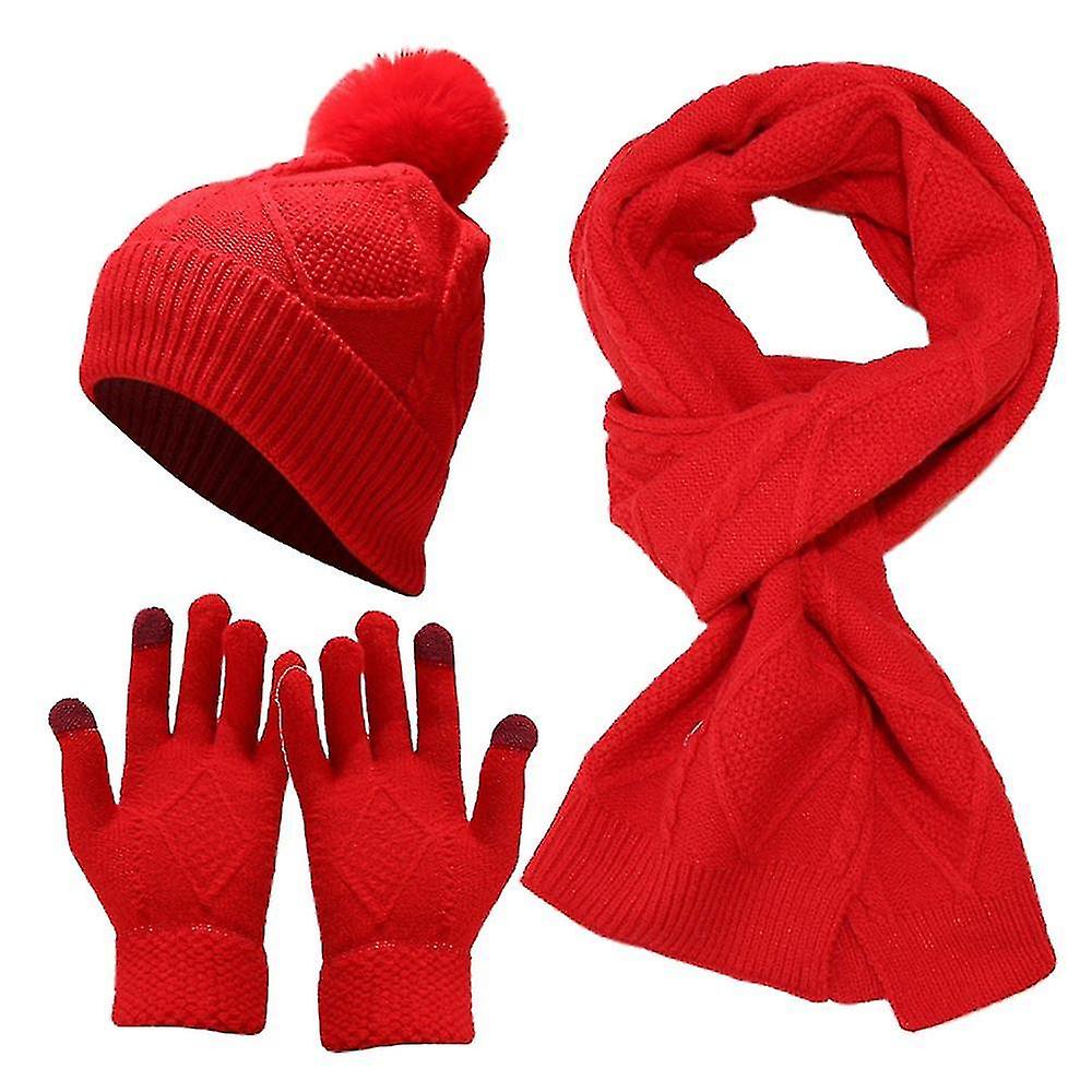 3pcs/set Hat Scarf Gloves Winter Warm Beanie Hat Cable Knitted Long Scarf Gloves