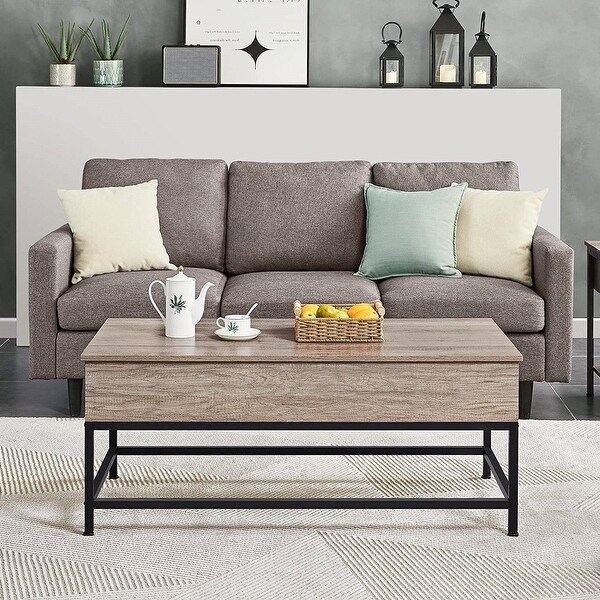 Modern Metal Wood Lift-Top Coffee Table Sofa Laptop Desk in Grey Wood Finish - 20