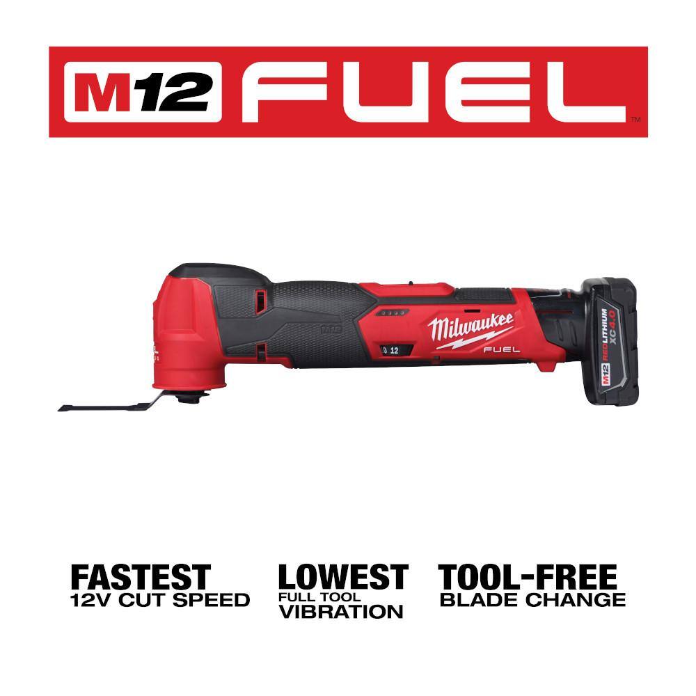 MW M12 FUEL 12V Lithium-Ion Cordless Oscillating Multi-Tool Kit with 4.0 Ah Battery Charger Accessories and Tool Bag 2526-21XC