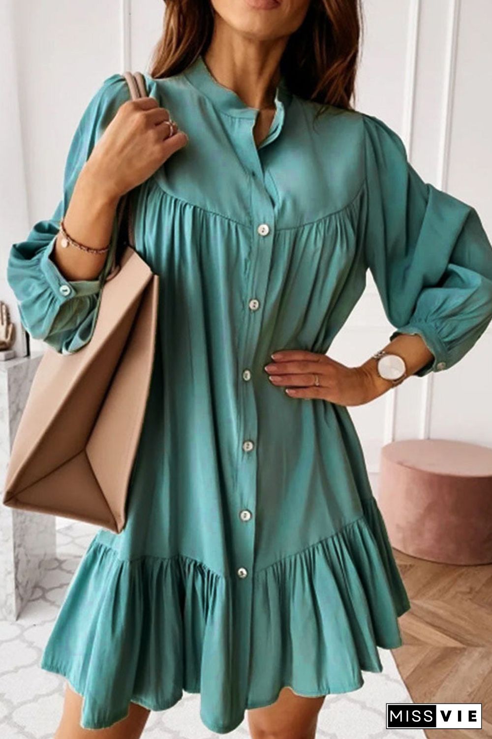 Fashion Casual Solid Split Joint Mandarin Collar A Line Dresses