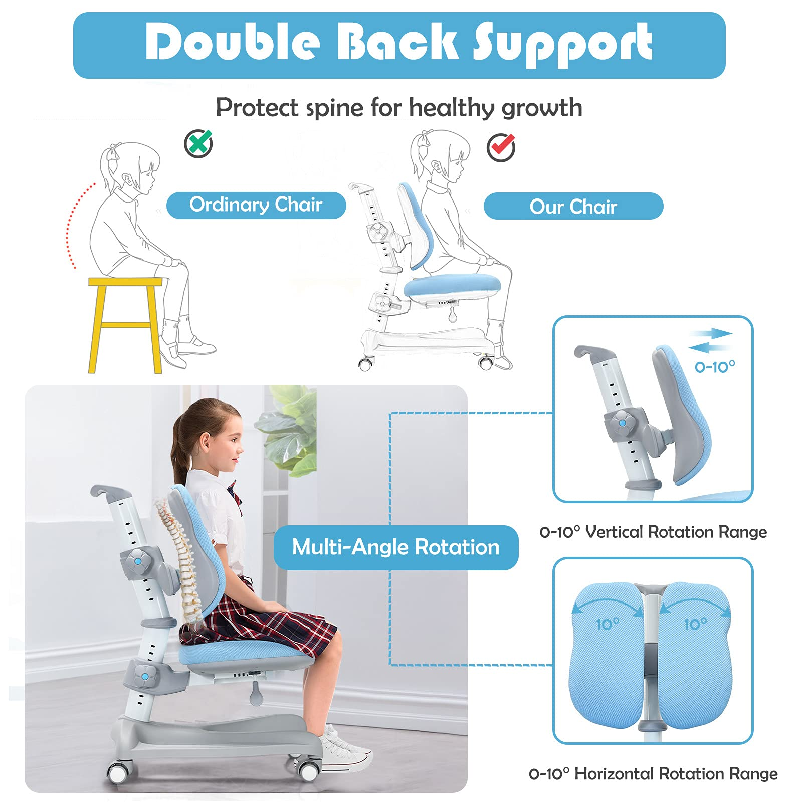 Costzon Kids Desk and Chair Set, Height Adjustable Study Desk w/Drawer,Ergonomic Student Chair w/Sit-Brake Casters for School