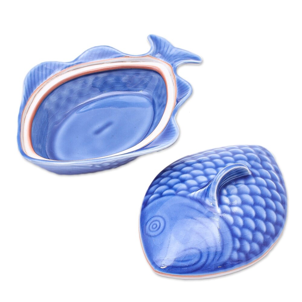 Novica Handmade Fish Dish In Blue Celadon Ceramic Lidded Bowl