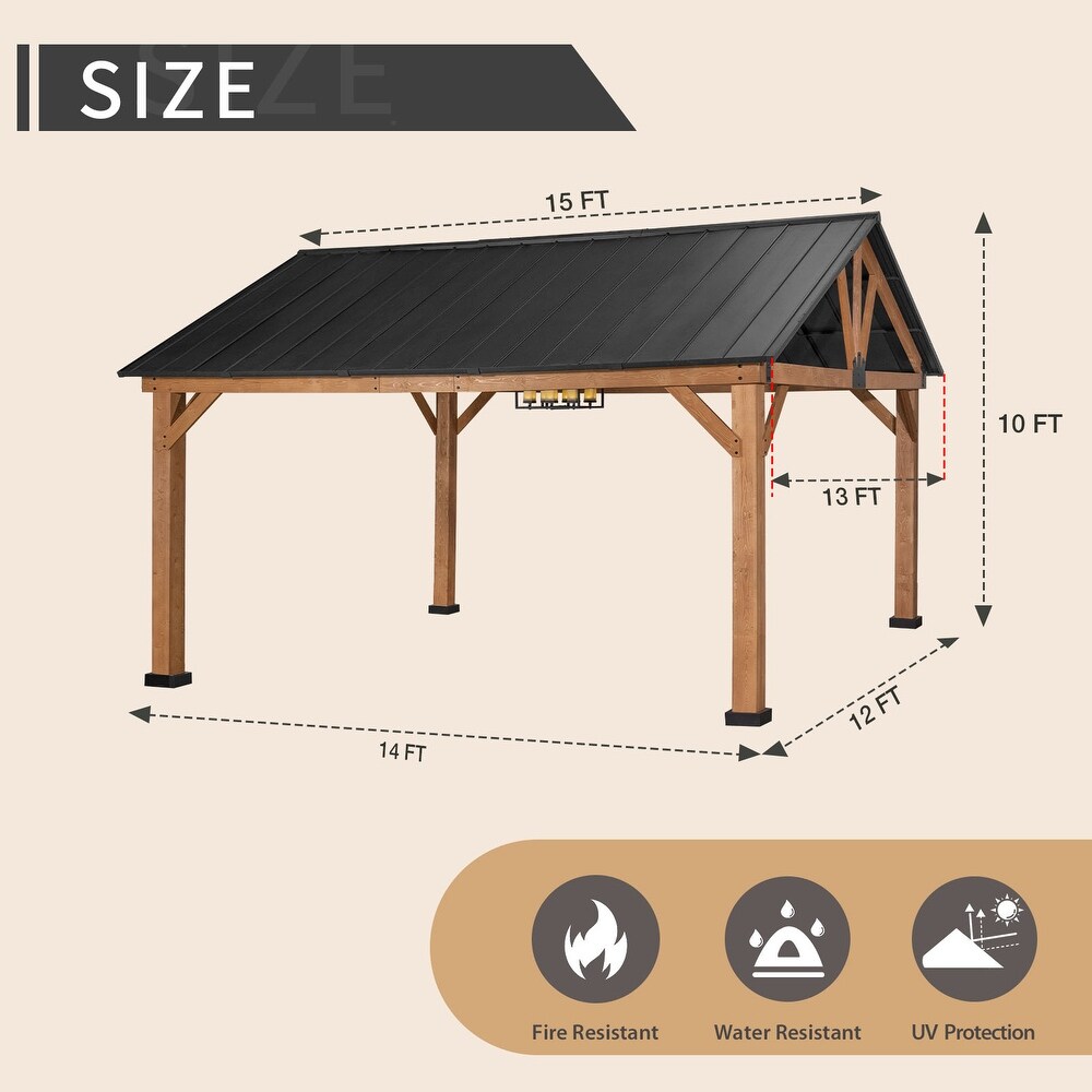 Cozywor 15 ft. x 13 ft. Outdoor Cedar Wood Patio Hardtop Gazebo