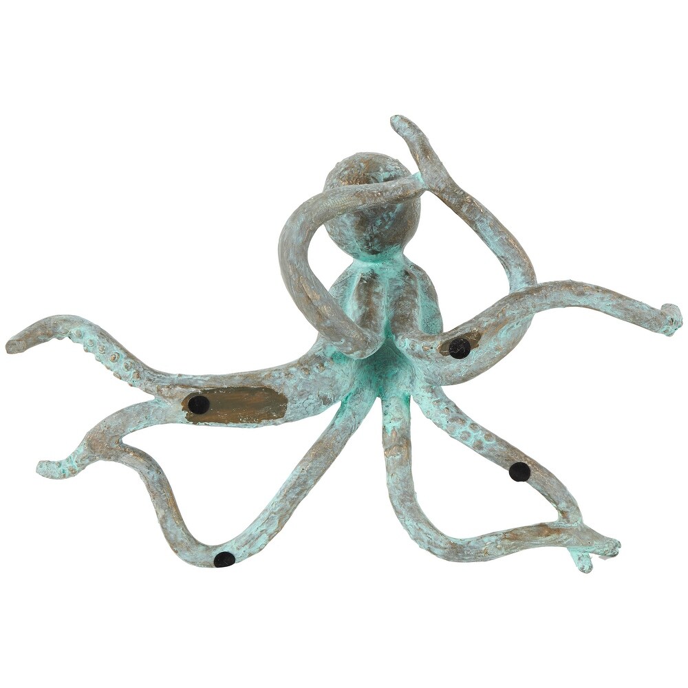 Blue Polystone Distressed Patina Octopus Sculpture with Gold Foil Accents