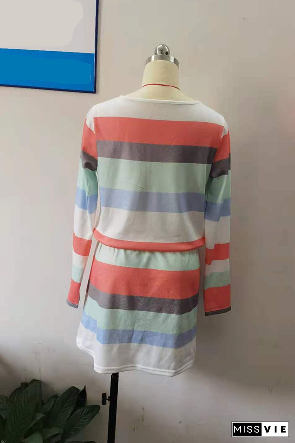 Colorful Stripe Drawstring V-neck Long Sleeve Dress Women Wholesale