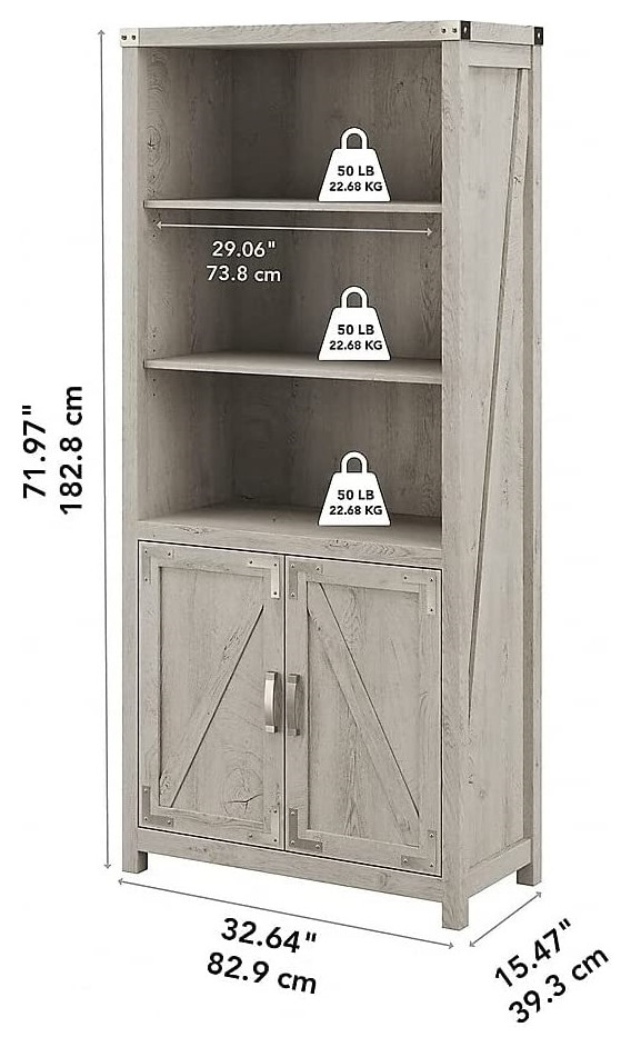 Tall Bookcase  5 Shelves and Metal Accents With Concealed Storage   Farmhouse   Bookcases   by Declusia  Houzz