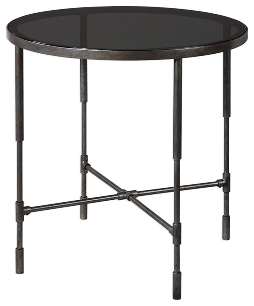 Home Square 25 quotRound Glass Top Accent End Table in Aged Steel   Set of 2   Industrial   Side Tables And End Tables   by Homesquare  Houzz