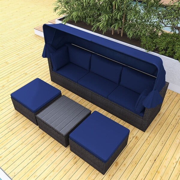 4Piece Outdoor Wicker Sectional Patio Daybed with Canopy and Ottoman