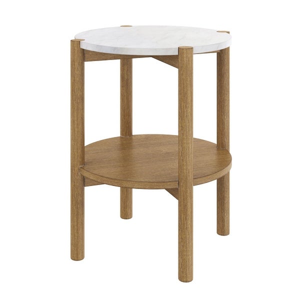 Nathan James Tucker Round Accent Small Side Table， Wood Sofa End Table with Marble Top for Living Room or Bedroom