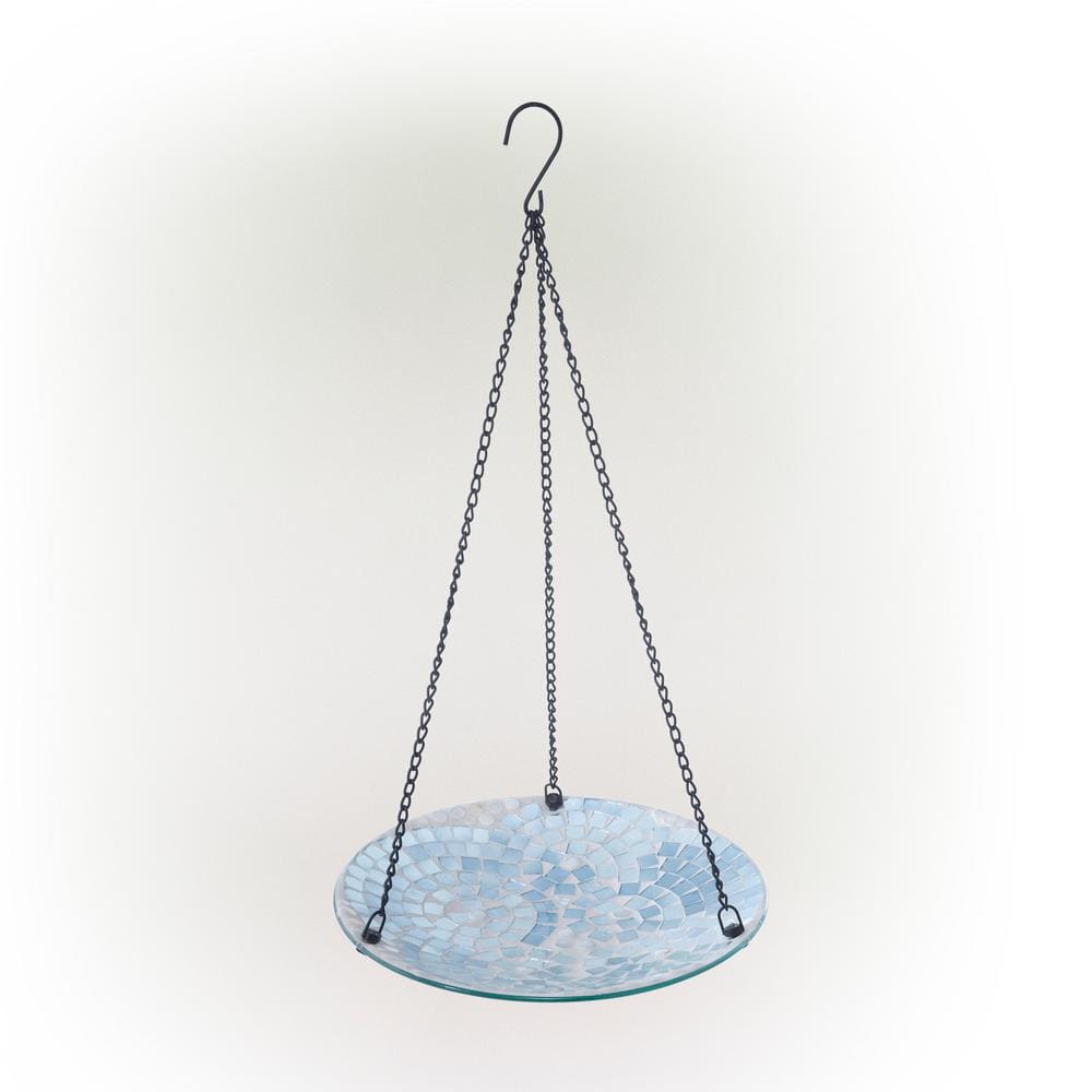 Alpine Corporation 10 in. Round Glass Mosaic Hanging Birdbath， Blue HMD212