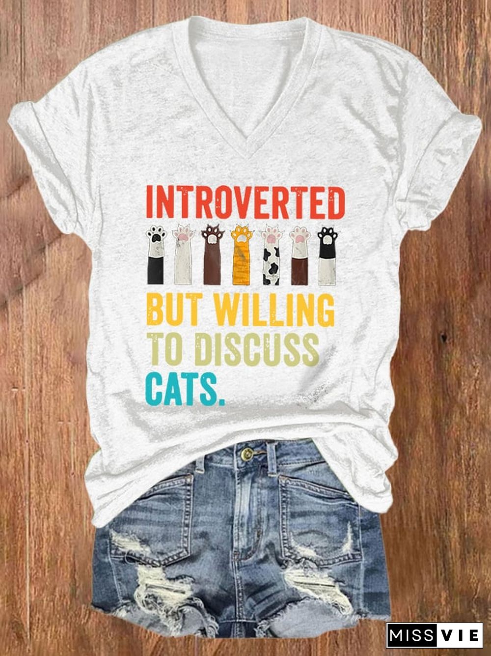 V-neck Introverted But Willing To Discuss Cats Print T-Shirt