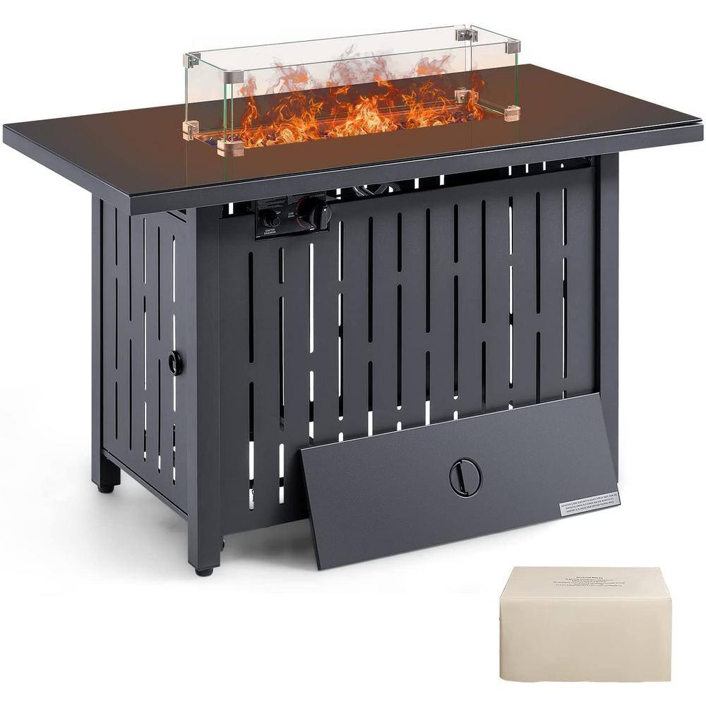 Tozey 43 in. Black Metal Gas Fire Pit Table Outdoor Auto Ignition Patio Gas Firepit with Glass Desktop Lid and Lava Rock T-FT1G142BK