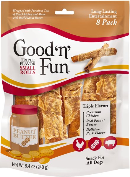 Good 'n' Fun Triple Flavor Peanut Butter Small Rolls Dog Rawhide Treat， 8.4-oz bag， 8 count