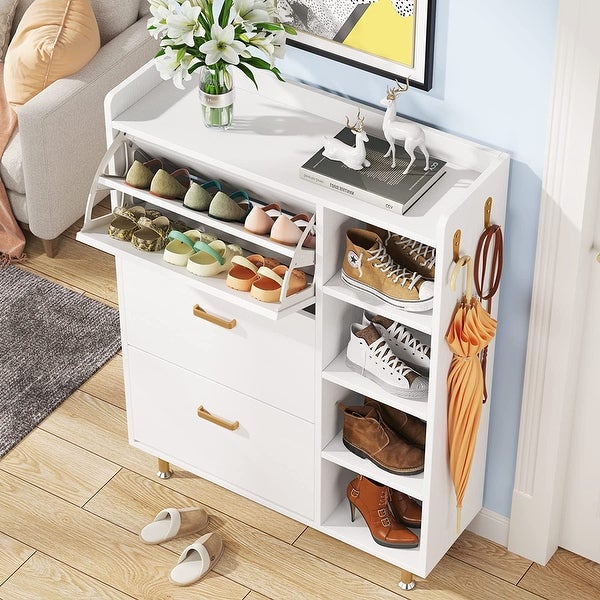 Shoe Storage Cabinet with 3 Flip Drawers and 5 Tiers shelves， Freestanding Wooden Tipping Bucket Shoes Organizer Cabinets - - 35444566