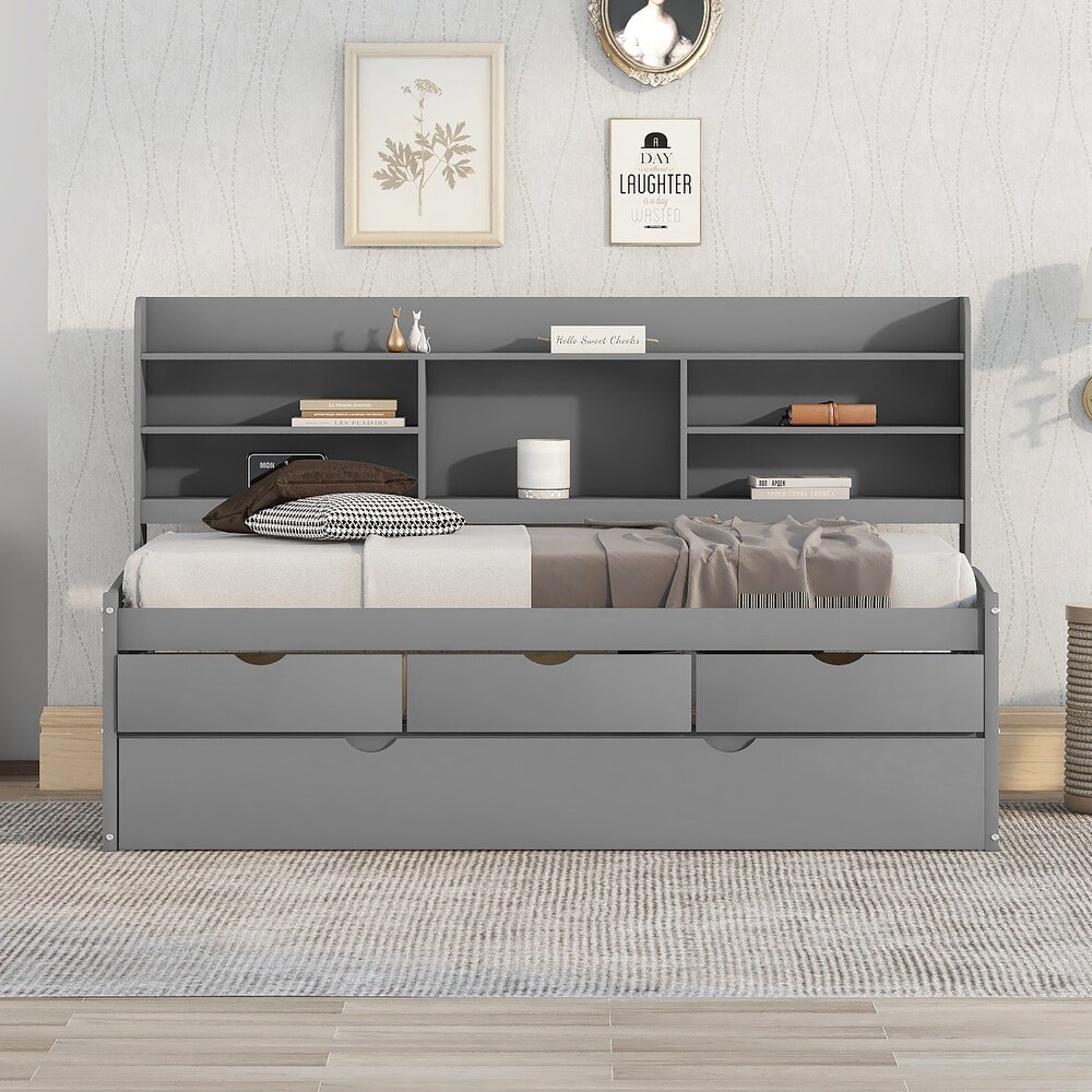 Twin Size Wooden Captain Bed with Built in Bookshelves Three Storage Drawers and Trundle