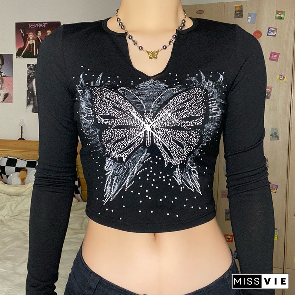 Butterfly Print U-Neck Crop Shirt