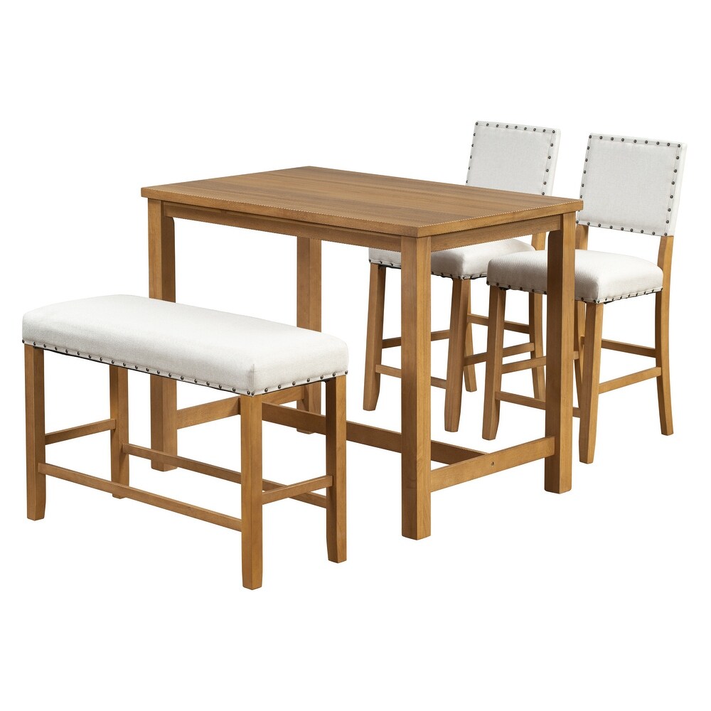 4 Piece Rustic Wooden Counter Height Dining Table Set with Upholstered Bench for Small Places