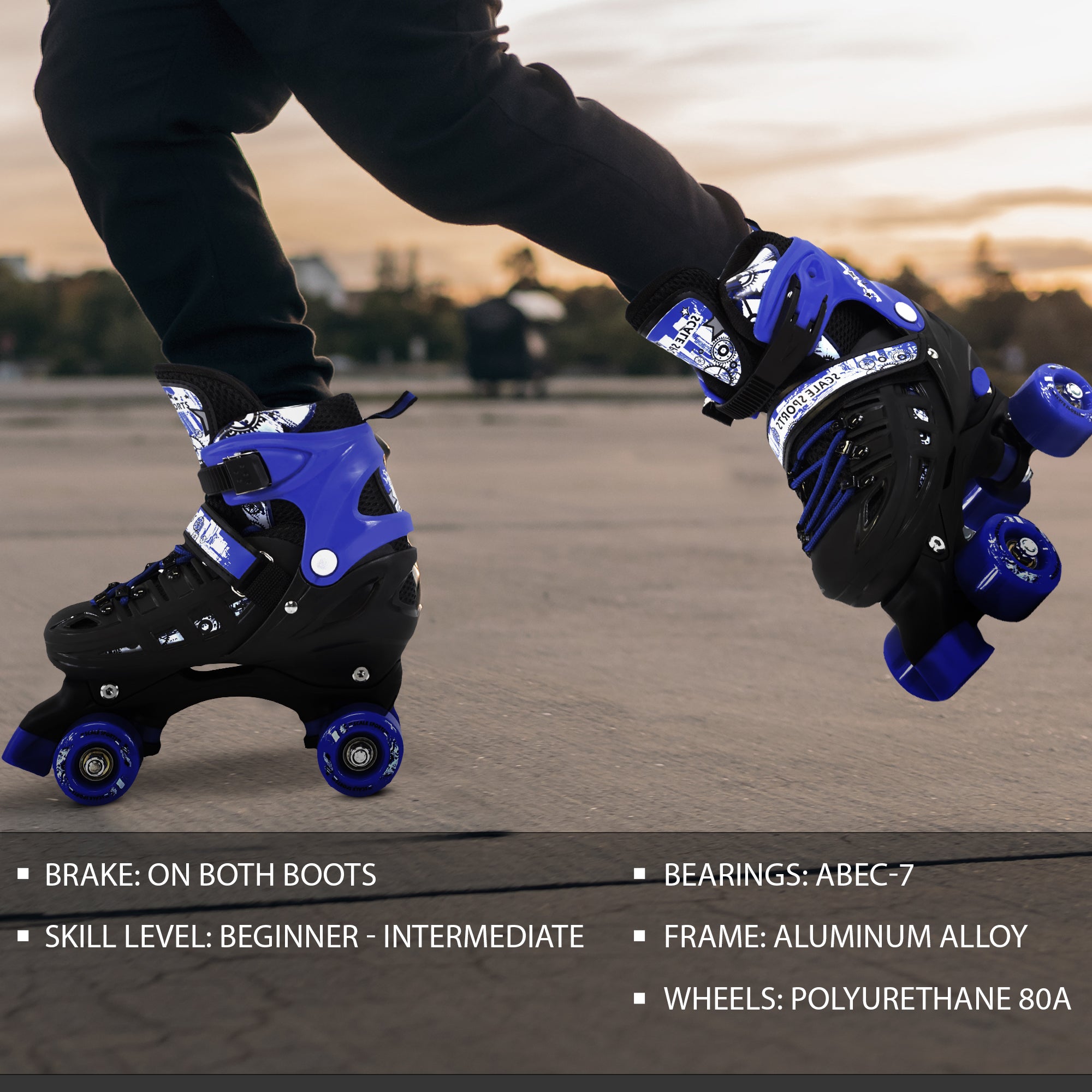 Adjustable Blue Quad Roller Skates For Kids Large Sizes