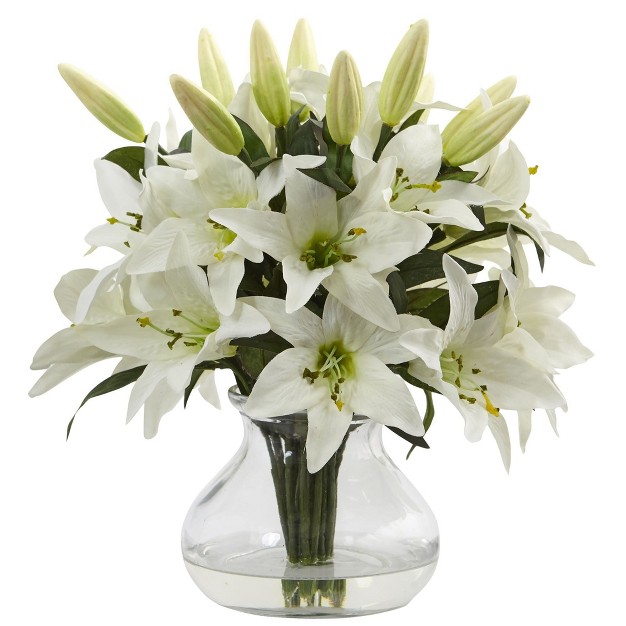 Nearly Natural Lily Arrangement With Vase 13.5