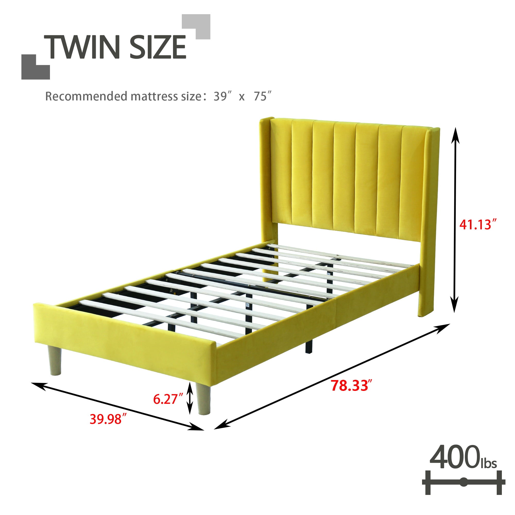 AUFANK Twin Bed Frame Upholstered Platform with Wooden Slats, Noise-Free, Yellow