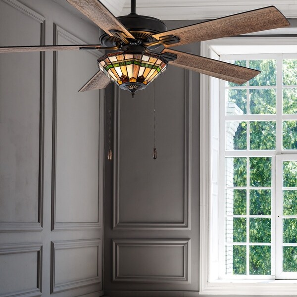 Shelby River of Goods Oil-Rubbed Bronze and Stained Glass 52-Inch 3-Light Ceiling Fan - 52