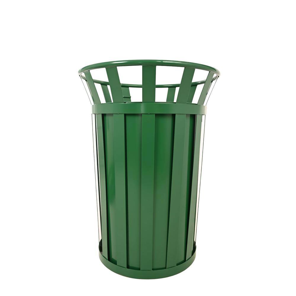 Alpine Industries 38 Gal. Green Outdoor Metal Slatted Commercial Trash Receptacle with Rain Bonnet Lid Trash Can 479-38-1-GRN-MKTCOPY