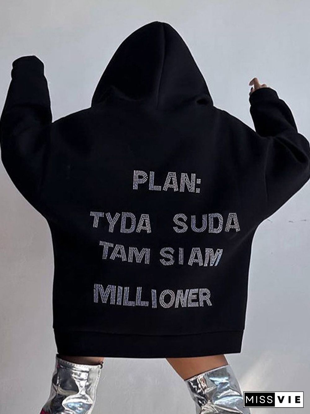 Street Letter Rhinestone Print Oversized Hoodie