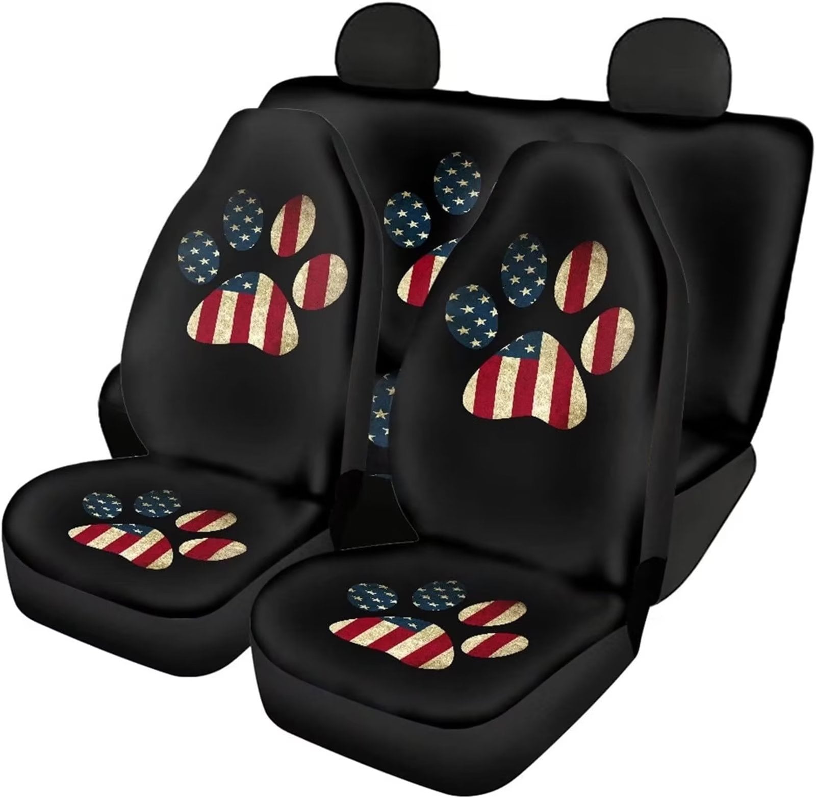 FKELYI American Flag Pet Paw Car Seat Covers Set of 4pcs，Elastic Front Seat Rear Backrest Cover Seat Cover，4 of July Patriotic Auto Car Seat Cushion Cover Accessories，Universal Fit