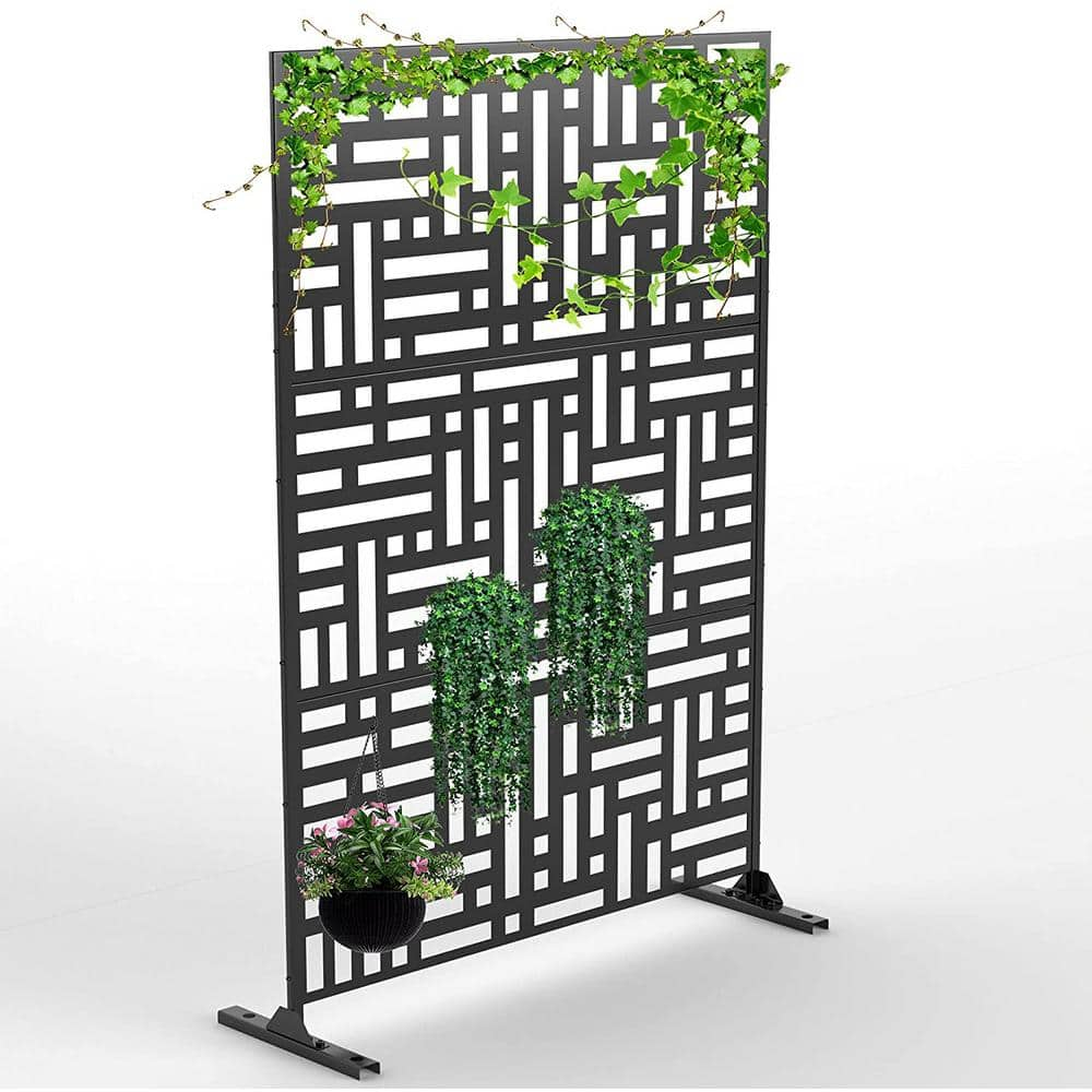 Tunearary Black Metal Outdoor Privacy Screen with Stand, Freestanding Outdoor Divider for Garden Patio Backyard(3-Panels) LYFD0102HPKMDV