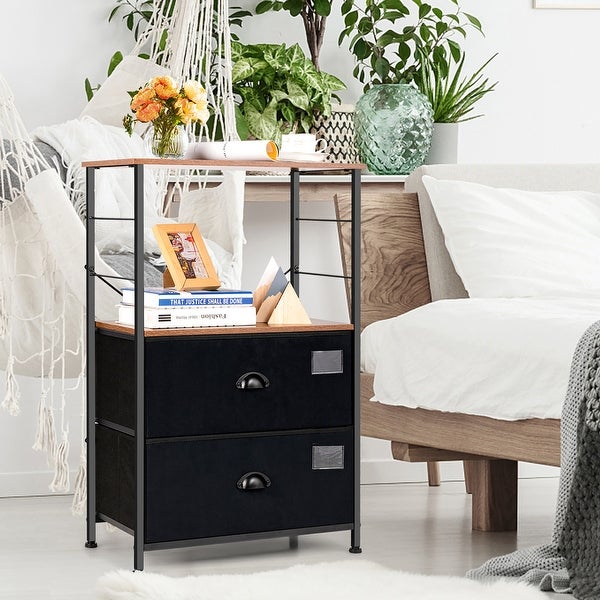 3 Tier Nightstand 2 Drawer Dresser Bedside Table with Storage Shelf