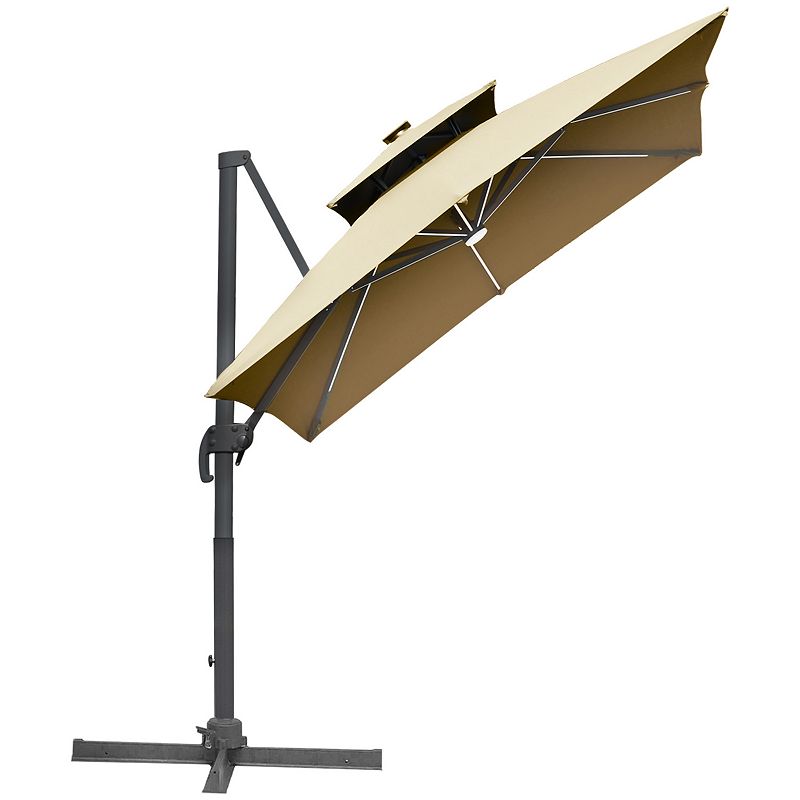 Outsunny 10ft Solar LED Cantilever Umbrella， Offset Hanging Umbrella with 360▲Rotation， Cross Base， 8 Ribs， Tilt and Crank for Yard， Garden and Poolside， Grey