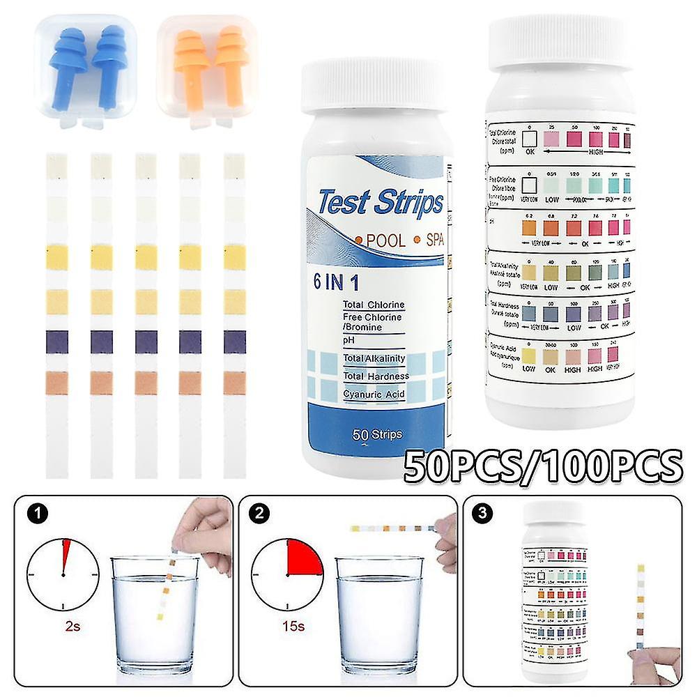 Chlorine Dip Test Strips，50 Pcs 6 In 1 Swimming Pool Water Chlorine Dip Ph Test Strips Paper Hot Tub Chemicals Tester