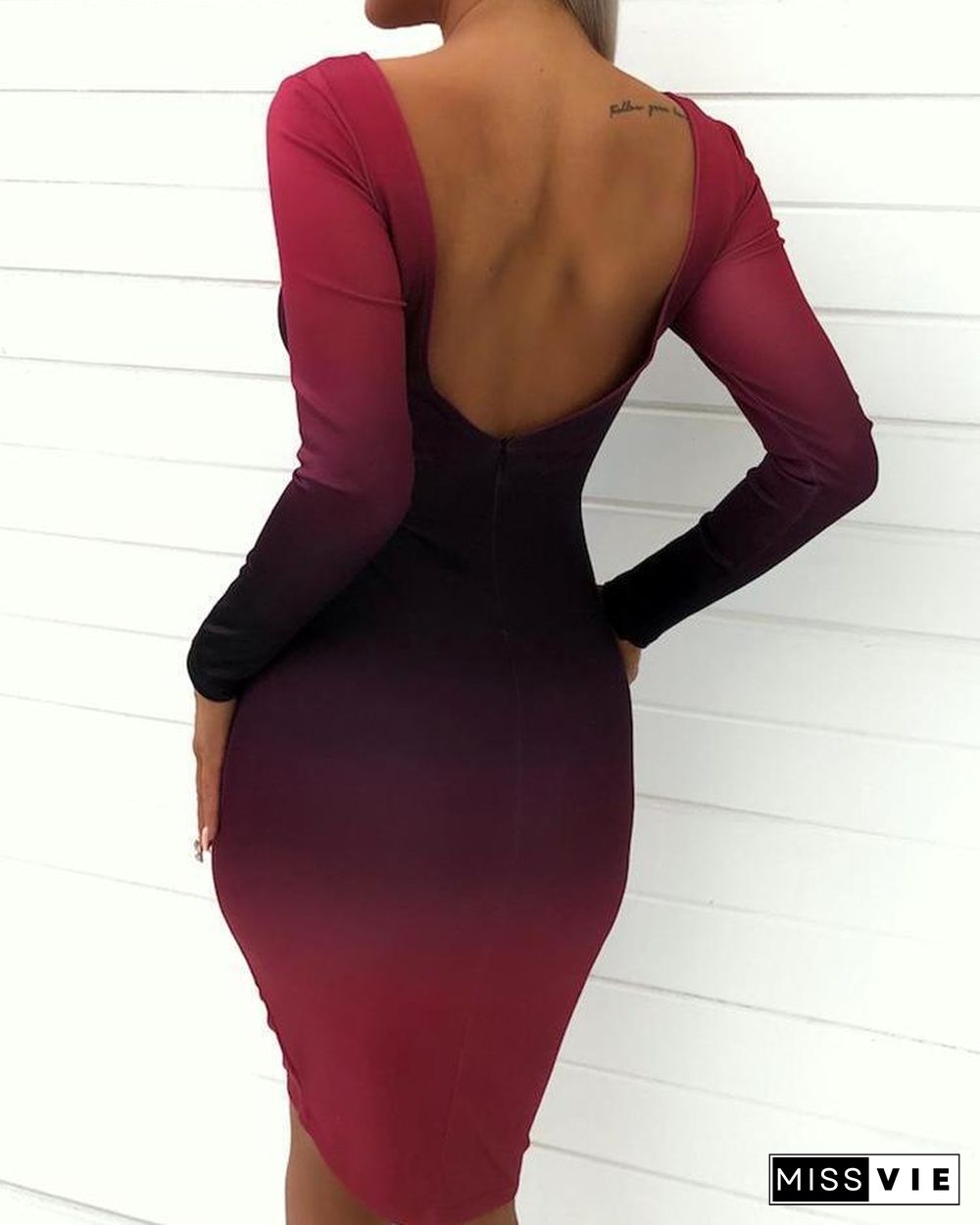 Gradient Color Open Back Bodycon Dress P12168