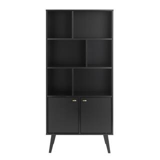 Prepac Milo Mid-Century Modern Bookcase with Inlet Shelves Two Doors and Brushed Brass-Finished Knobs Black BSBL-1418-1