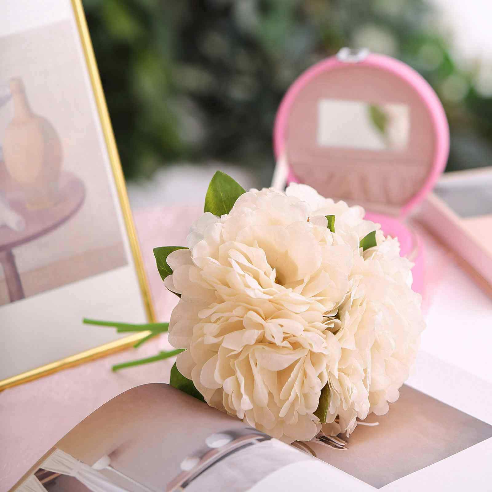 Blush Cream Real Touch Artificial Silk Peonies Flower Bouquet 11