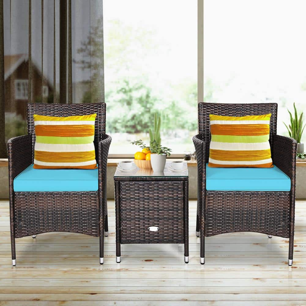 Gymax 3-Pieces Patio Outdoor Rattan Wicker Furniture Set with Coffee Table Turquoise Cushioned Chairs GYM04601