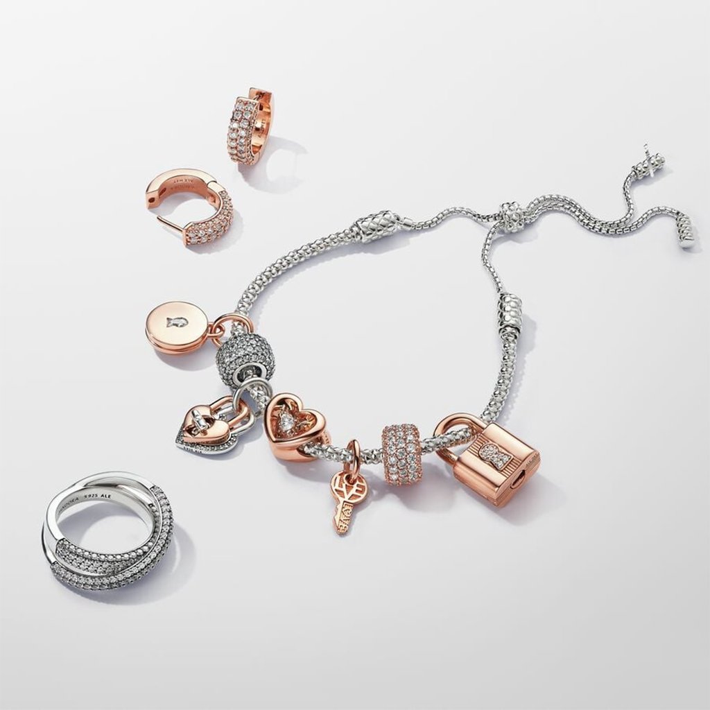 PANDORA  Two-tone Twistable Heart Padlock Double Dangle Charm - Sterling silver and 14k Rose gold-plated unique metal blend