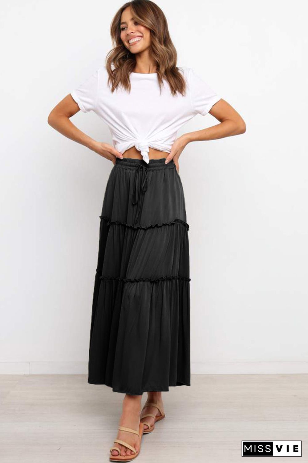 Black Solid Layered Ruffled Drawstring High Waist Maxi Skirt