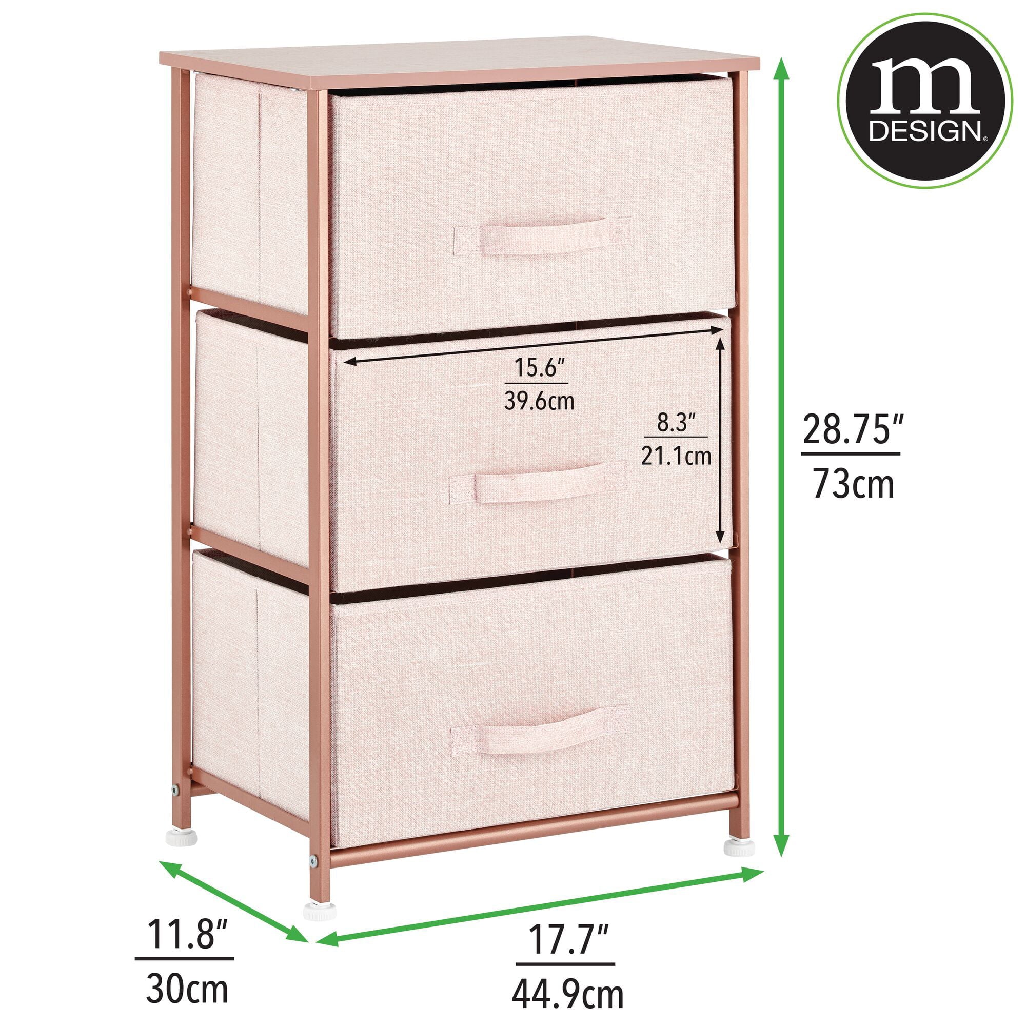 mDesign Steel Top and Frame Storage Dresser Tower Unit with 3 Removable Fabric Drawers for Bedroom, Living Room, or Bathroom - Holds Clothes, Accessories, Lido Collection - Light Pink/Rose Gold