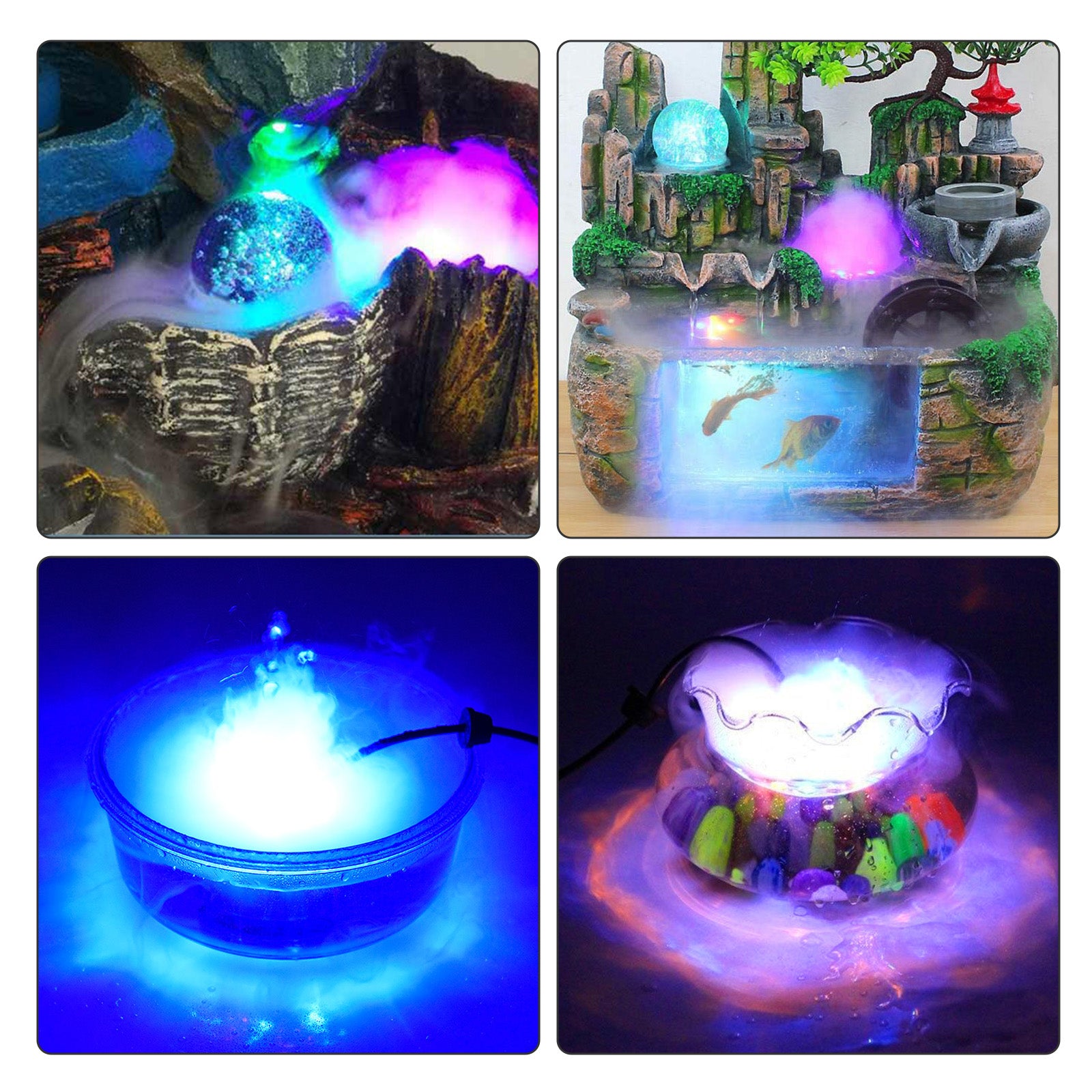 12 LED Mist Maker， EEEkit Aluminum Fog Maker， Water Fountain Pond Fogger， Rockery Vase Fish Tank Decor， Multi-color