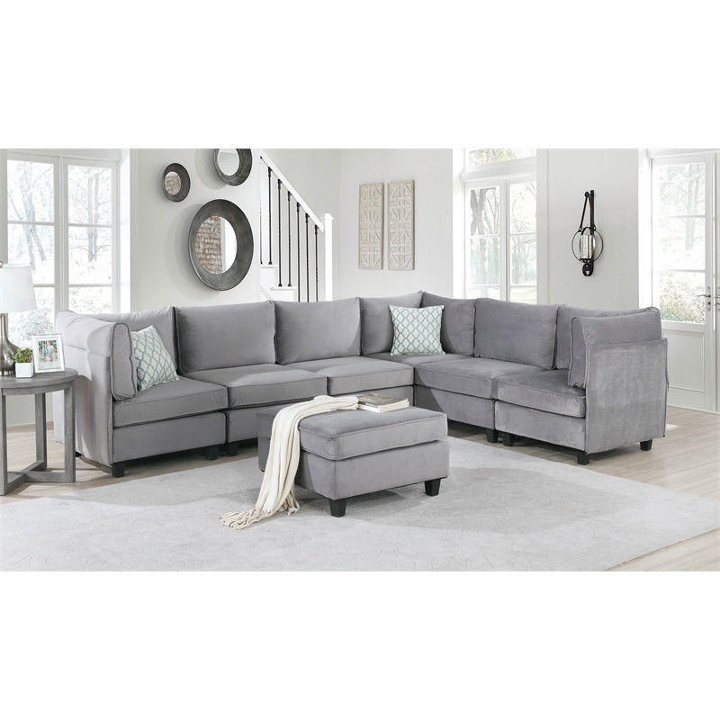 Simona Contemporary 7Pc Modular Reversible Sectional Sofa in Gray Velvet   Transitional   Sectional Sofas   by Homesquare  Houzz